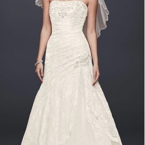 David's Bridal Strapless, Lace Fit and Flare Wedding Dress - Style YP3344
